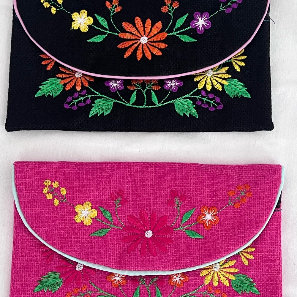 Embroidered Black and Pink Clutch Set